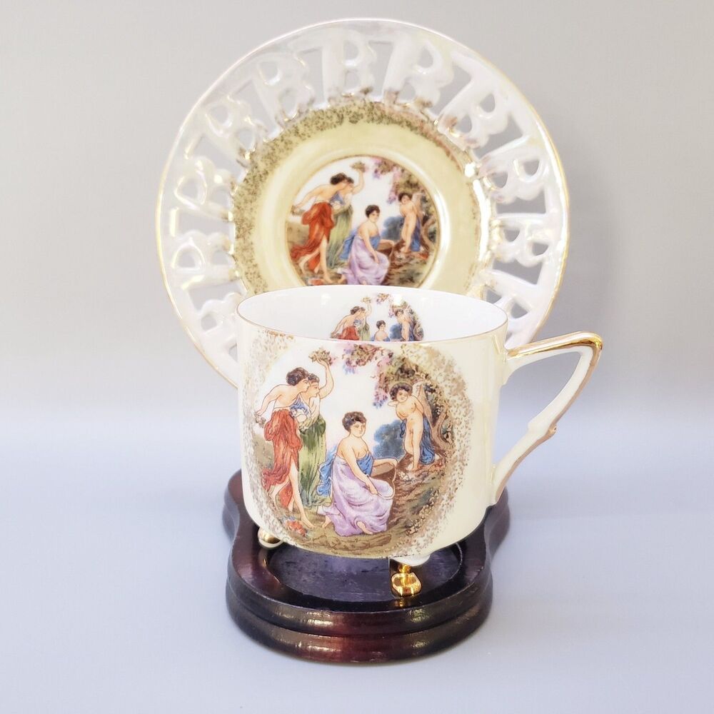 LM Royal Halsey Very Fine China Tea Cup & Saucer Pierced Victorian Scene Luster